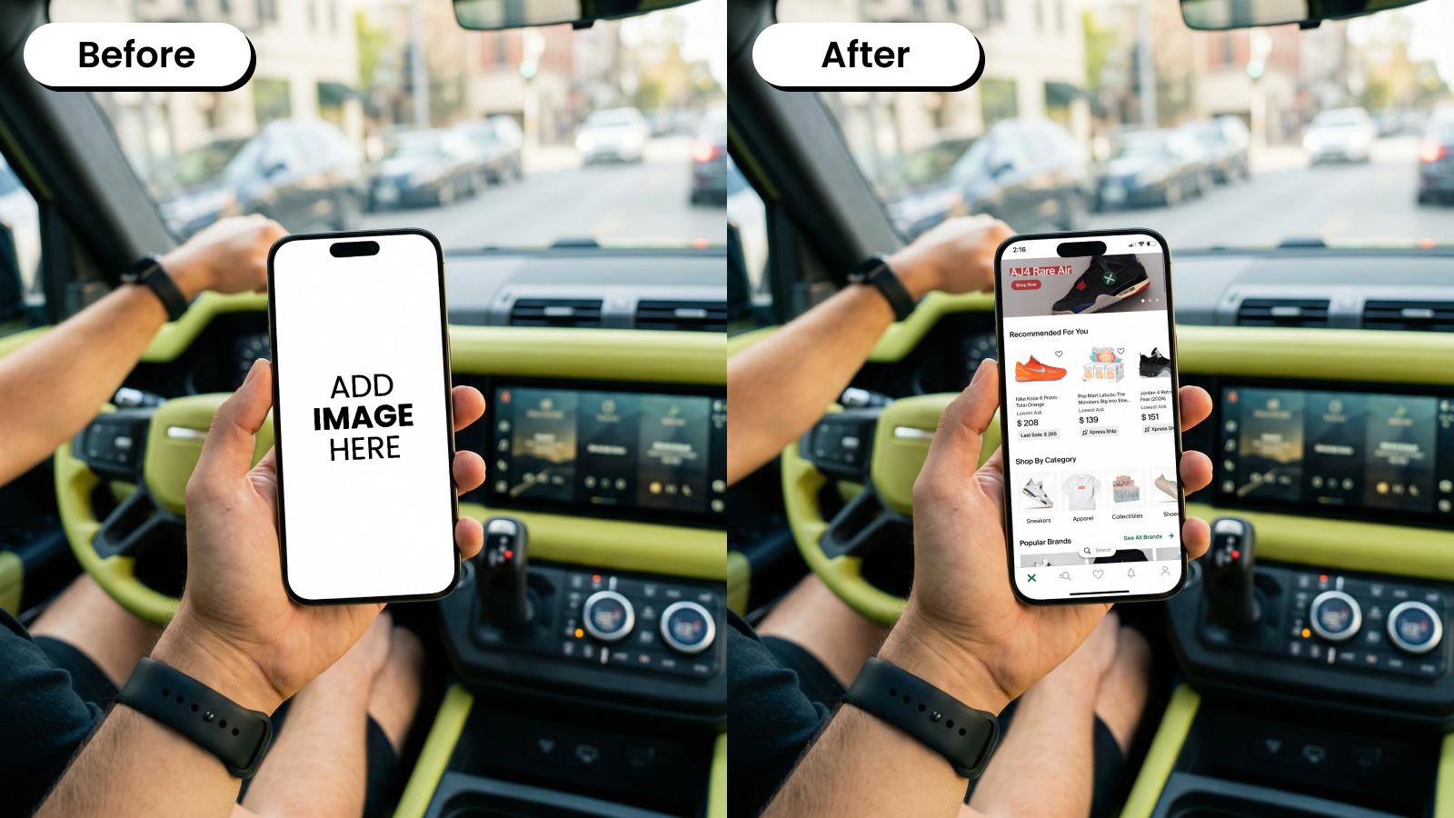 Before and after mockup of a phone held inside a car